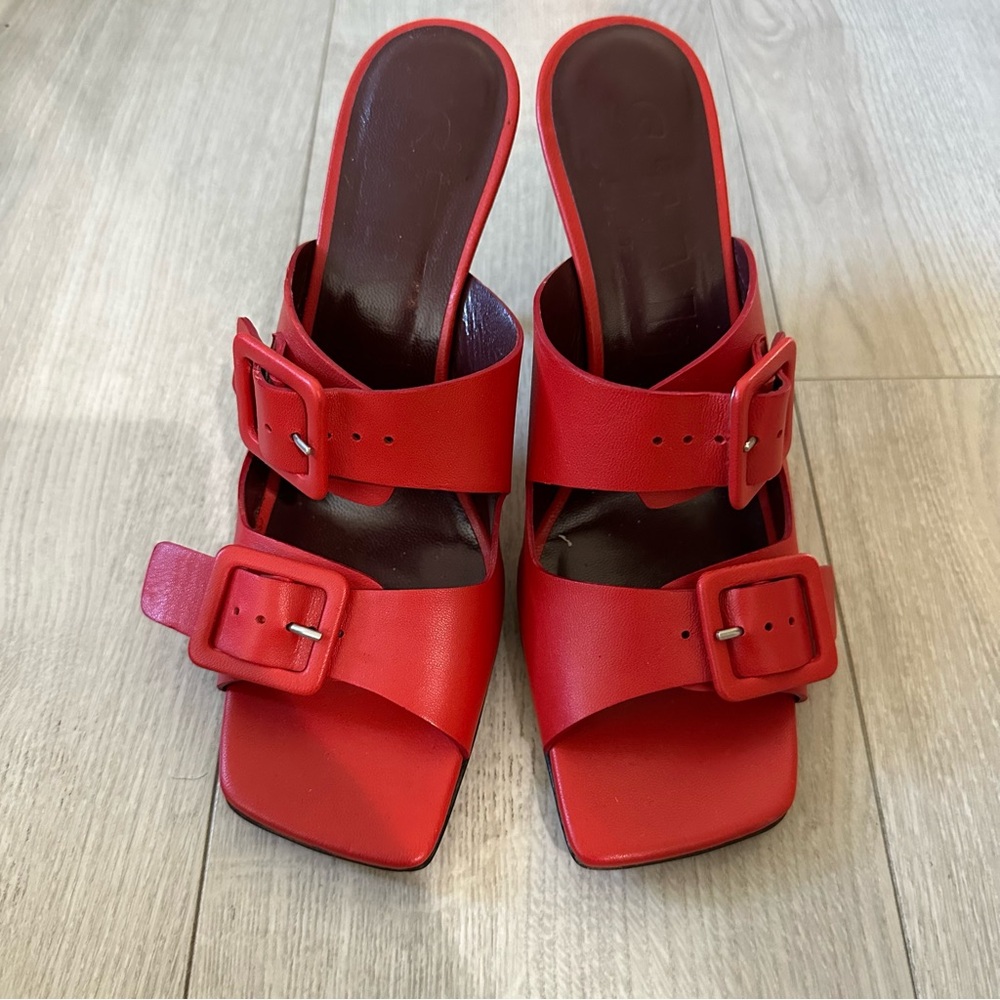 Staud Red Double-Buckle Mules